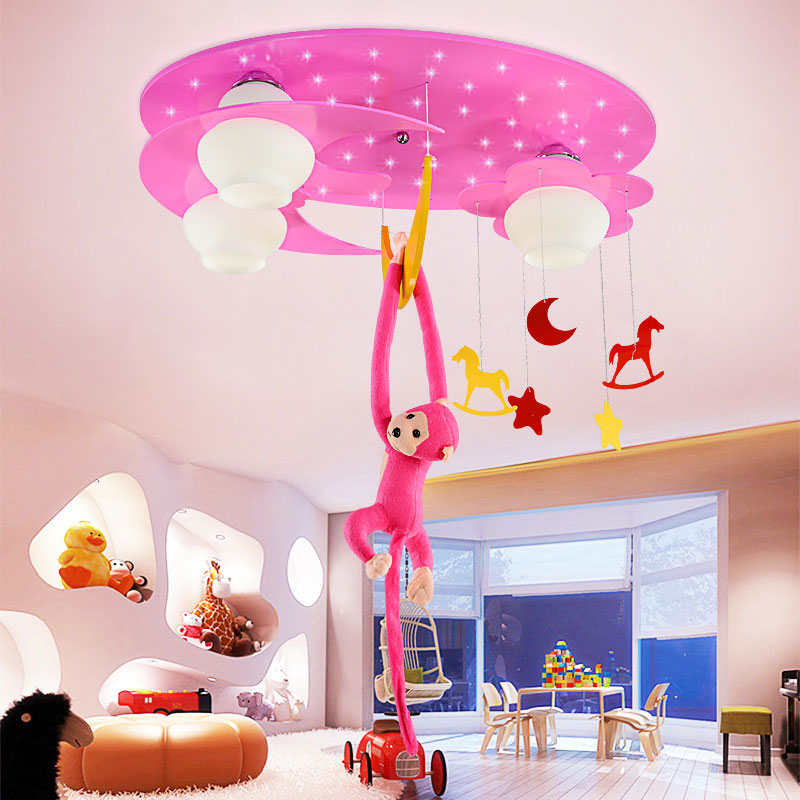 Metal Moon & Star Ceiling Light Child Bedroom Kids Lovely Flush Ceiling Light with Hanging Monkey Pink Clearhalo 'Ceiling Lights' 'Close To Ceiling Lights' 'Close to ceiling' 'Flush mount' Lighting' 193390