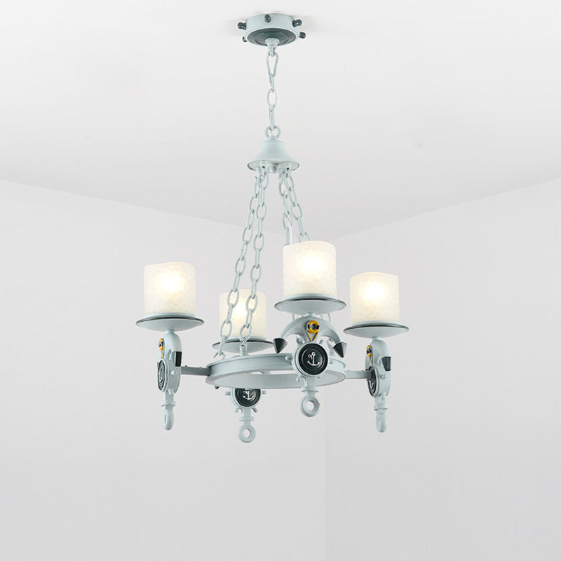 Anchor Suspension Light Modernism Resin 4 Lights Blue Pendant Chandelier with Cylindrical Dimpled Glass Shade Clearhalo 'Ceiling Lights' 'Chandeliers' Lighting' options 1933914