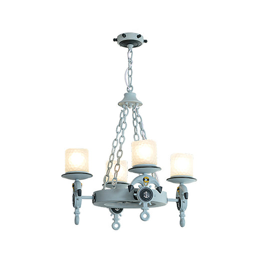 Anchor Suspension Light Modernism Resin 4 Lights Blue Pendant Chandelier with Cylindrical Dimpled Glass Shade Clearhalo 'Ceiling Lights' 'Chandeliers' Lighting' options 1933915