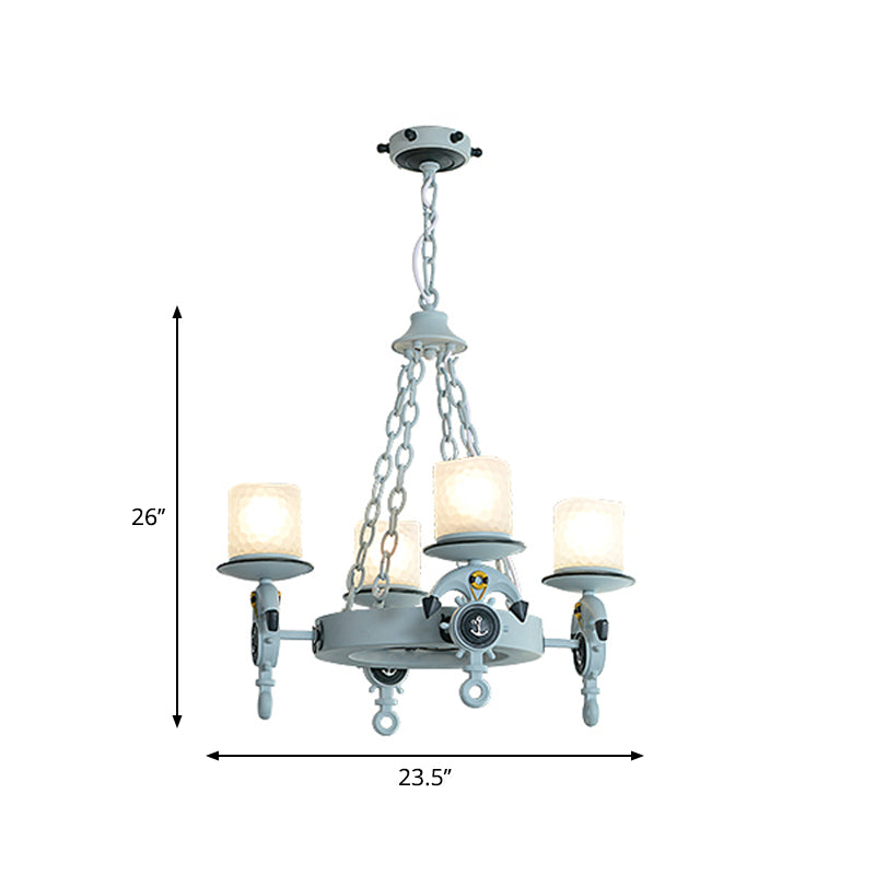 Anchor Suspension Light Modernism Resin 4 Lights Blue Pendant Chandelier with Cylindrical Dimpled Glass Shade Clearhalo 'Ceiling Lights' 'Chandeliers' Lighting' options 1933916