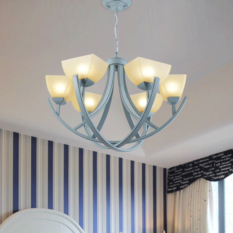 Frosted Glass Trapezoid Hanging Lamp Kit Simple 6-Head Chandelier Light Fixture with Curved Arm in Blue Blue Clearhalo 'Ceiling Lights' 'Chandeliers' Lighting' options 1933917_0581ced3-0187-4667-82b6-72672197aa3e