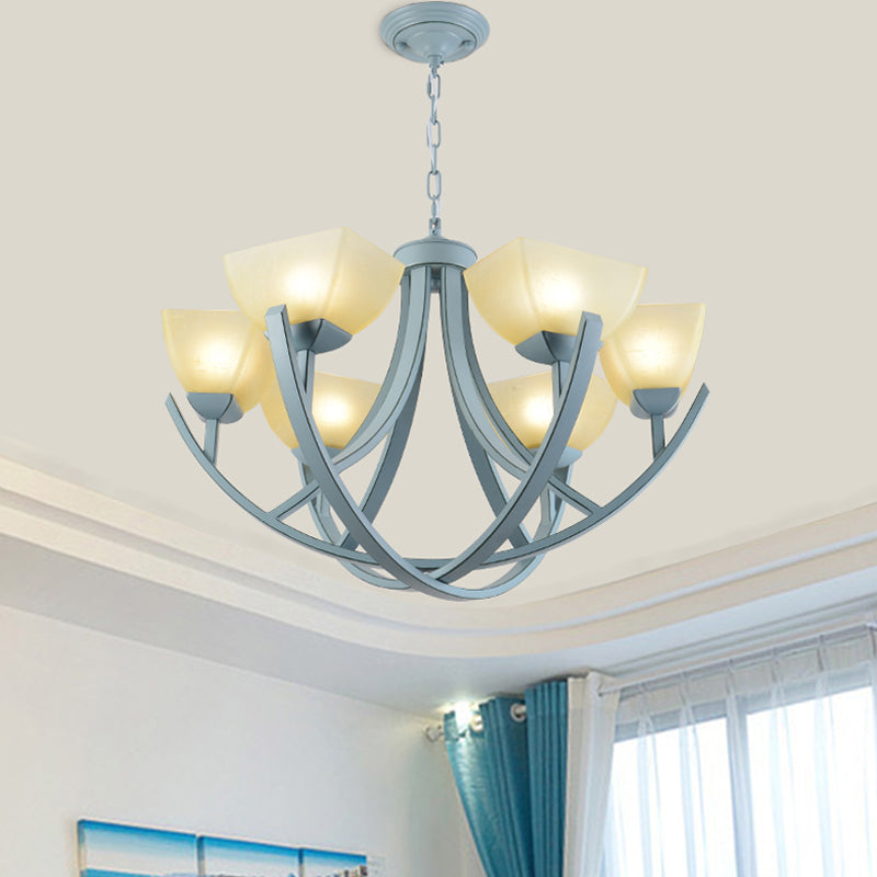 Frosted Glass Trapezoid Hanging Lamp Kit Simple 6-Head Chandelier Light Fixture with Curved Arm in Blue Clearhalo 'Ceiling Lights' 'Chandeliers' Lighting' options 1933918