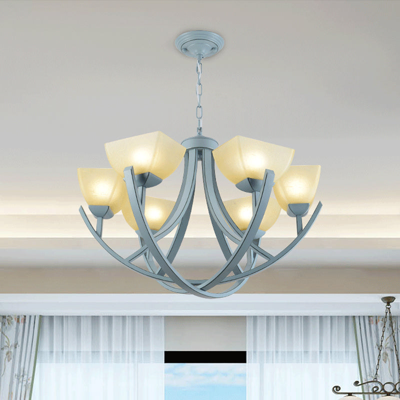 Frosted Glass Trapezoid Hanging Lamp Kit Simple 6-Head Chandelier Light Fixture with Curved Arm in Blue Clearhalo 'Ceiling Lights' 'Chandeliers' Lighting' options 1933919