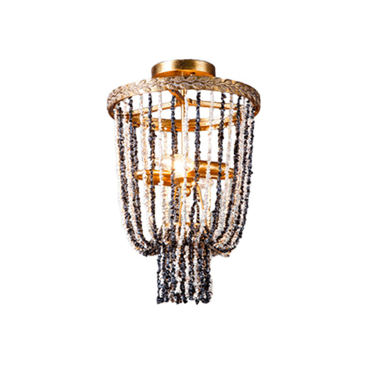 Basket Dining Room Flush Lighting Antiqued Metal 2 Lights Brass Flushmount with Stone Chain Clearhalo 'Ceiling Lights' 'Close To Ceiling Lights' 'Close to ceiling' 'Flush mount' Lighting' 1933984