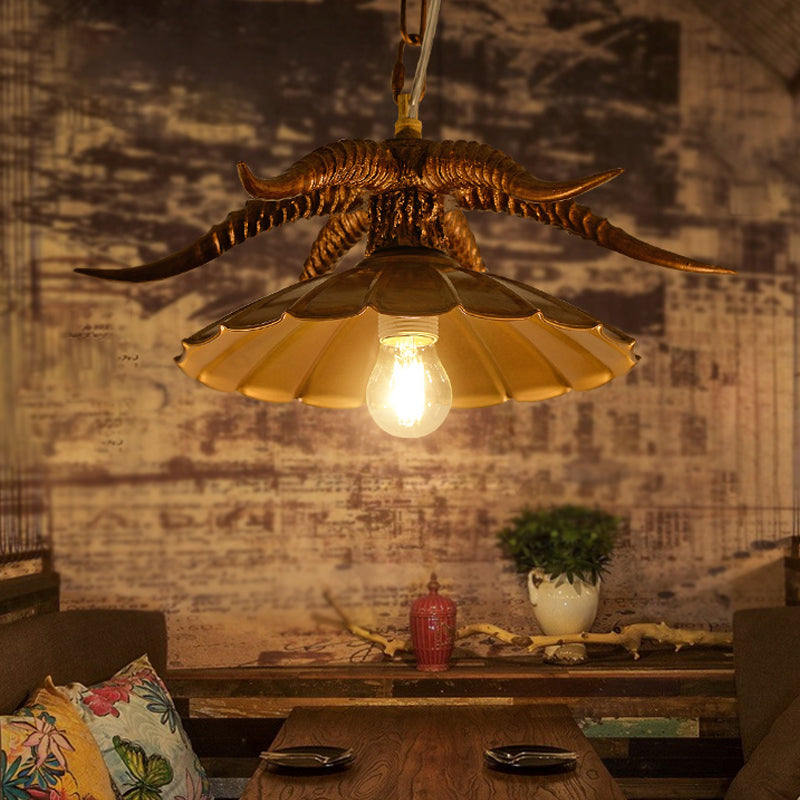 Resin OX Horn Hanging Lamp Rustic Single Restaurant Pendant Light Fixture with Scalloped Shade in Brass/White Clearhalo 'Ceiling Lights' 'Pendant Lights' 'Pendants' Lighting' 1933987