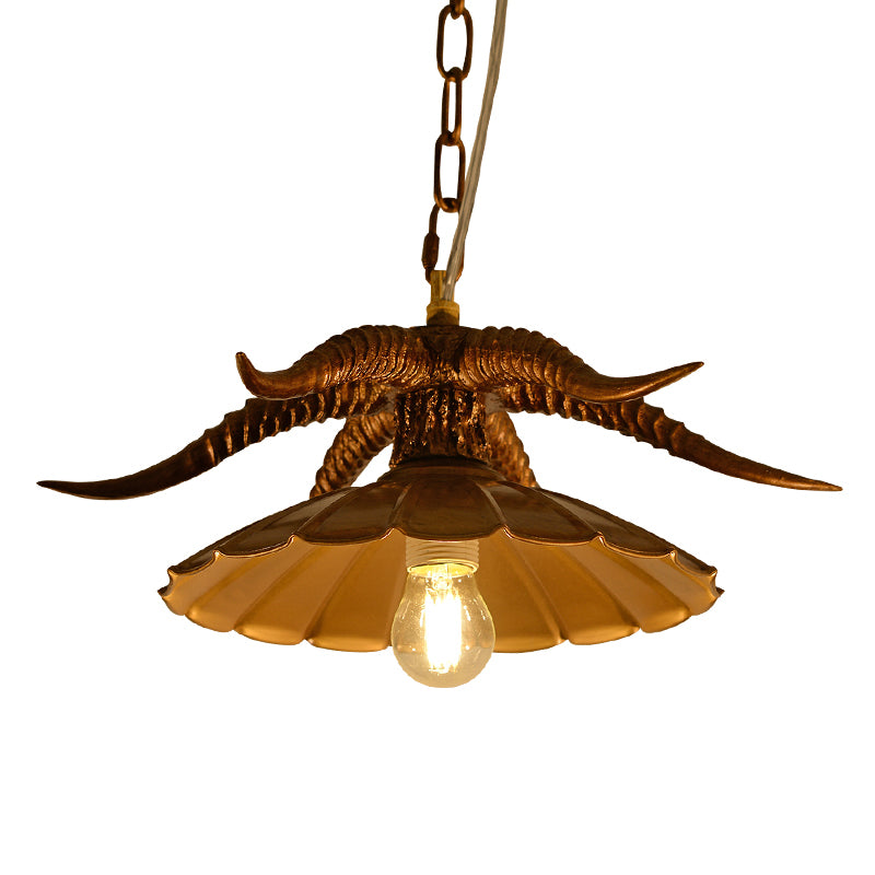 Resin OX Horn Hanging Lamp Rustic Single Restaurant Pendant Light Fixture with Scalloped Shade in Brass/White Clearhalo 'Ceiling Lights' 'Pendant Lights' 'Pendants' Lighting' 1933989