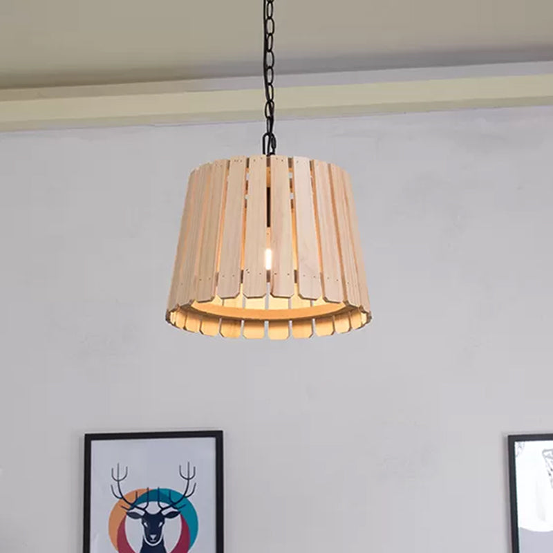 Single Pendant Lamp Rustic Hollowed Barrel Wood Hanging Ceiling Light with Chain over Table Clearhalo 'Ceiling Lights' 'Pendant Lights' 'Pendants' Lighting' 1933994