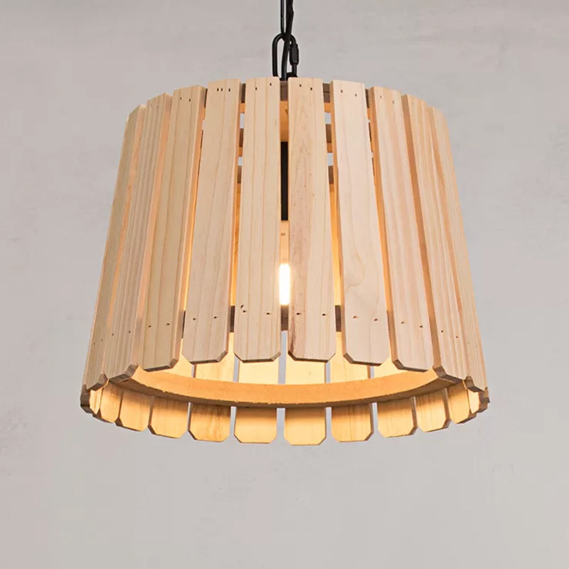 Single Pendant Lamp Rustic Hollowed Barrel Wood Hanging Ceiling Light with Chain over Table Clearhalo 'Ceiling Lights' 'Pendant Lights' 'Pendants' Lighting' 1933995