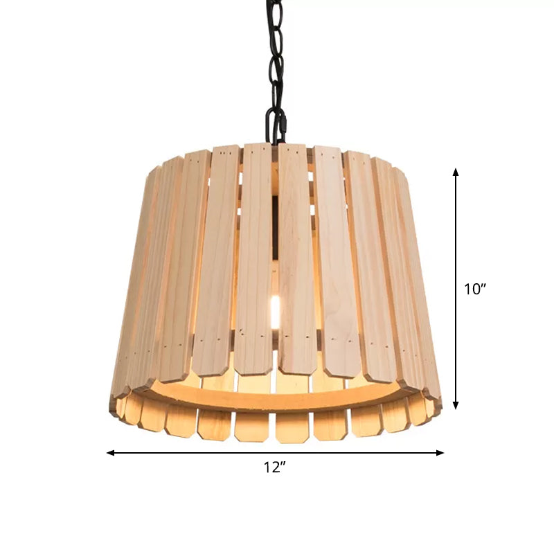 Single Pendant Lamp Rustic Hollowed Barrel Wood Hanging Ceiling Light with Chain over Table Clearhalo 'Ceiling Lights' 'Pendant Lights' 'Pendants' Lighting' 1933997