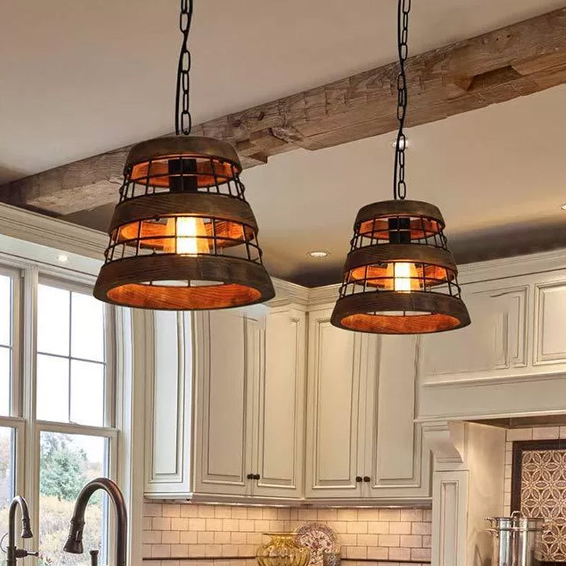 Tapered Kitchen Pendant Light Rural Metal 1 Head Dark Wood Suspended Lighting Fixture with Wire Guard Clearhalo 'Ceiling Lights' 'Pendant Lights' 'Pendants' Lighting' 1933999