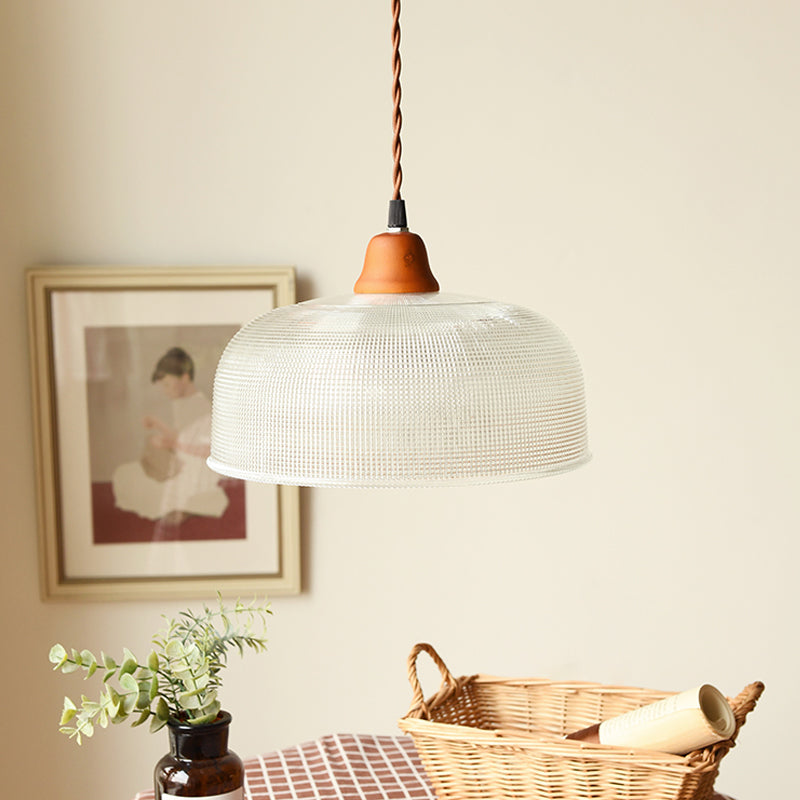 Countryside Bowled Suspension Pendant 5.5"/10.5" Wide 1 Bulb Clear Grid Glass Ceiling Light Fixture in White White 10.5" Clearhalo 'Ceiling Lights' 'Glass shade' 'Glass' 'Pendant Lights' 'Pendants' Lighting' 1934004