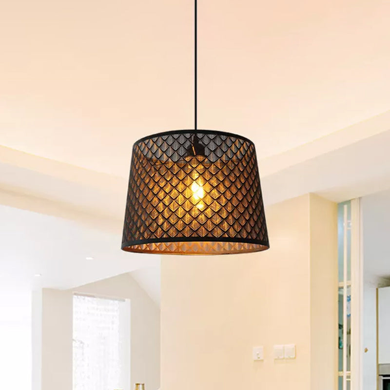 Black 1 Head Hanging Pendant Rustic Metal Wire Cage/Etched Tree Patterned Drum Shade Drop Lamp for Dining Room Black A Clearhalo 'Ceiling Lights' 'Pendant Lights' 'Pendants' Lighting' 1934013_c07116f1-2dbb-4c1f-b8b5-bdcb2b509ea4