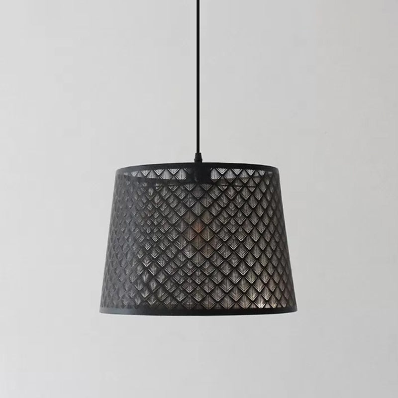 Black 1 Head Hanging Pendant Rustic Metal Wire Cage/Etched Tree Patterned Drum Shade Drop Lamp for Dining Room Clearhalo 'Ceiling Lights' 'Pendant Lights' 'Pendants' Lighting' 1934015