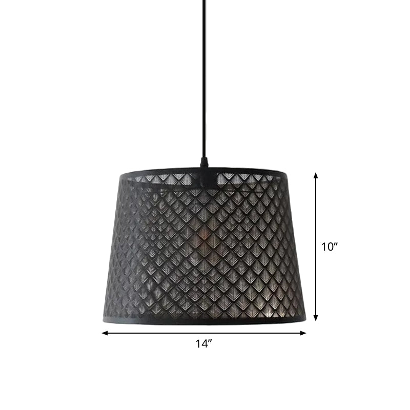 Black 1 Head Hanging Pendant Rustic Metal Wire Cage/Etched Tree Patterned Drum Shade Drop Lamp for Dining Room Clearhalo 'Ceiling Lights' 'Pendant Lights' 'Pendants' Lighting' 1934016