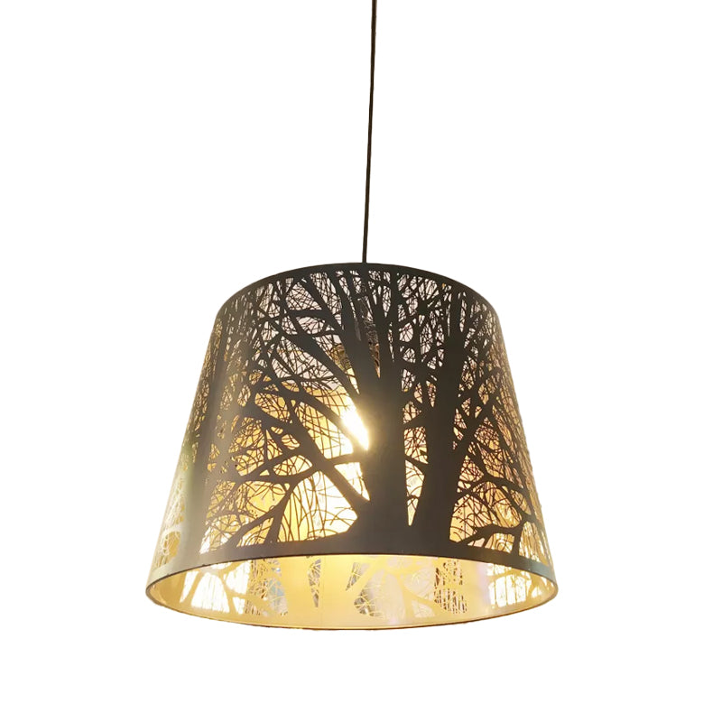 Black 1 Head Hanging Pendant Rustic Metal Wire Cage/Etched Tree Patterned Drum Shade Drop Lamp for Dining Room Clearhalo 'Ceiling Lights' 'Pendant Lights' 'Pendants' Lighting' 1934018