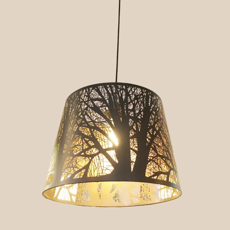 Black 1 Head Hanging Pendant Rustic Metal Wire Cage/Etched Tree Patterned Drum Shade Drop Lamp for Dining Room Clearhalo 'Ceiling Lights' 'Pendant Lights' 'Pendants' Lighting' 1934019