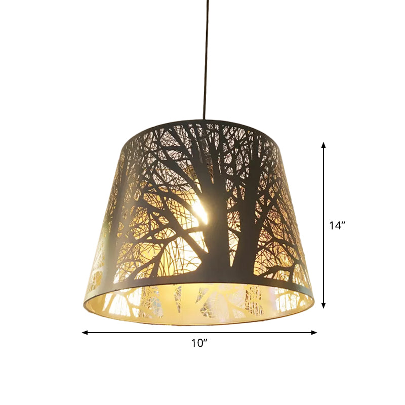 Black 1 Head Hanging Pendant Rustic Metal Wire Cage/Etched Tree Patterned Drum Shade Drop Lamp for Dining Room Clearhalo 'Ceiling Lights' 'Pendant Lights' 'Pendants' Lighting' 1934020