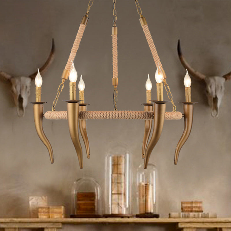 Rustic Wrapped Wagon Wheel Ceiling Pendant 3/6-Light Khaki Metallic Chandelier Light with Ox Horn Element Clearhalo 'Ceiling Lights' 'Chandeliers' Lighting' options 1934059