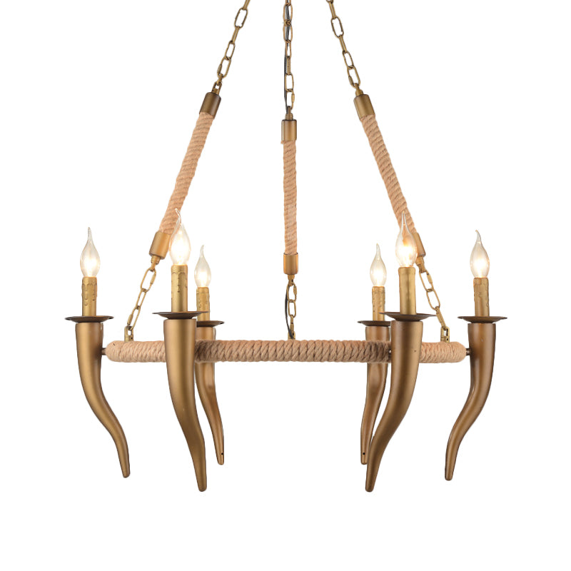 Rustic Wrapped Wagon Wheel Ceiling Pendant 3/6-Light Khaki Metallic Chandelier Light with Ox Horn Element Clearhalo 'Ceiling Lights' 'Chandeliers' Lighting' options 1934060