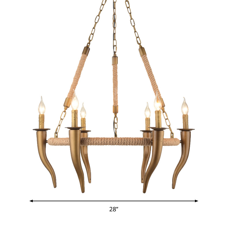 Rustic Wrapped Wagon Wheel Ceiling Pendant 3/6-Light Khaki Metallic Chandelier Light with Ox Horn Element Clearhalo 'Ceiling Lights' 'Chandeliers' Lighting' options 1934061