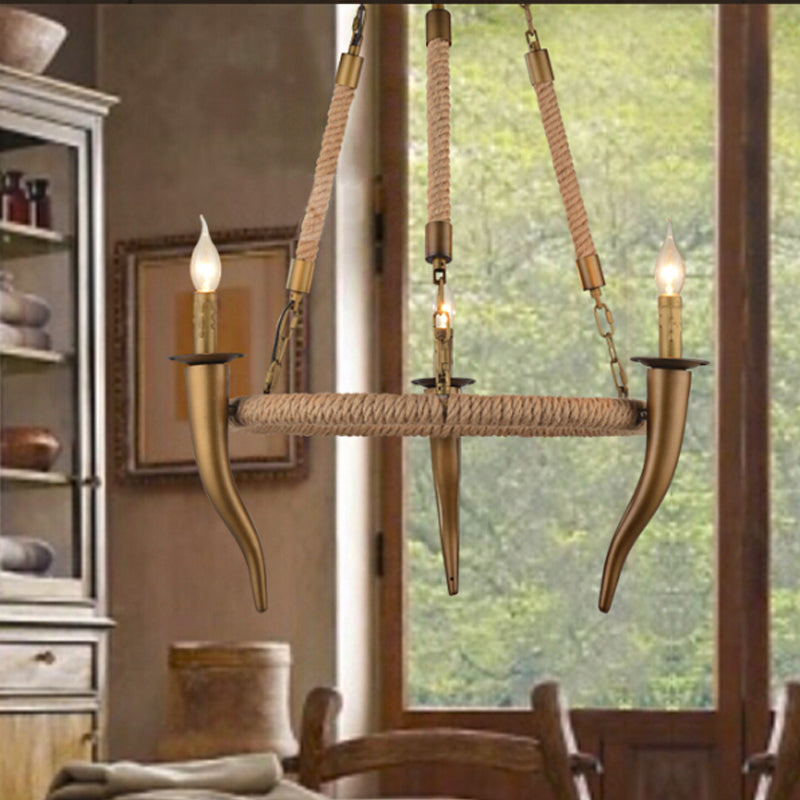 Rustic Wrapped Wagon Wheel Ceiling Pendant 3/6-Light Khaki Metallic Chandelier Light with Ox Horn Element Clearhalo 'Ceiling Lights' 'Chandeliers' Lighting' options 1934062