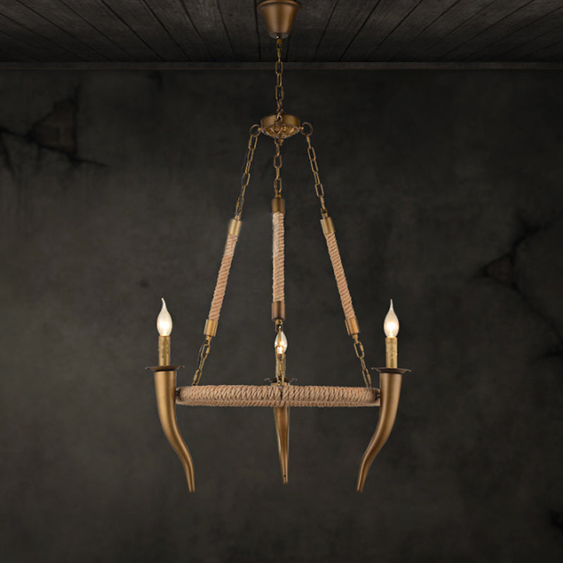 Rustic Wrapped Wagon Wheel Ceiling Pendant 3/6-Light Khaki Metallic Chandelier Light with Ox Horn Element Clearhalo 'Ceiling Lights' 'Chandeliers' Lighting' options 1934063