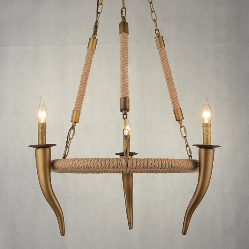 Rustic Wrapped Wagon Wheel Ceiling Pendant 3/6-Light Khaki Metallic Chandelier Light with Ox Horn Element Clearhalo 'Ceiling Lights' 'Chandeliers' Lighting' options 1934064