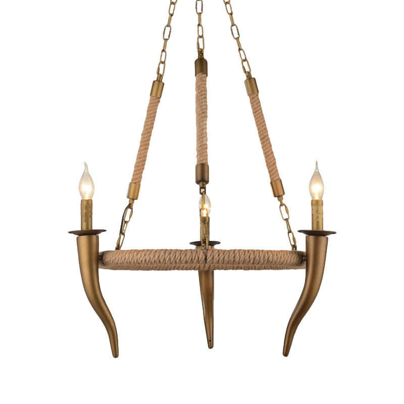 Rustic Wrapped Wagon Wheel Ceiling Pendant 3/6-Light Khaki Metallic Chandelier Light with Ox Horn Element Clearhalo 'Ceiling Lights' 'Chandeliers' Lighting' options 1934065