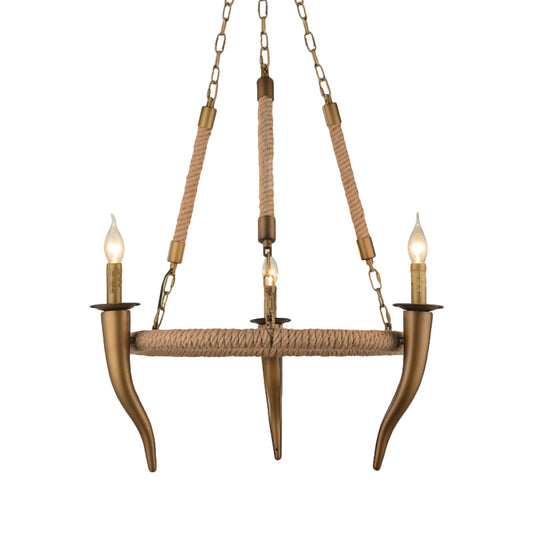 Rustic Wrapped Wagon Wheel Ceiling Pendant 3/6-Light Khaki Metallic Chandelier Light with Ox Horn Element Clearhalo 'Ceiling Lights' 'Chandeliers' Lighting' options 1934065