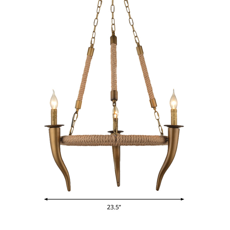 Rustic Wrapped Wagon Wheel Ceiling Pendant 3/6-Light Khaki Metallic Chandelier Light with Ox Horn Element Clearhalo 'Ceiling Lights' 'Chandeliers' Lighting' options 1934066