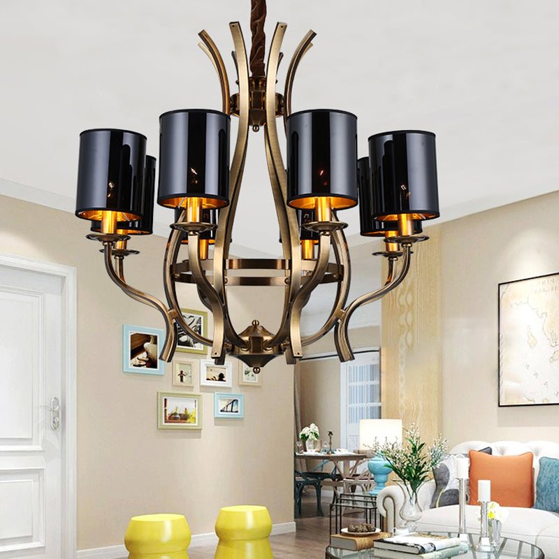 6/8 Lights Cylinder Chandelier Farmhouse Black Fabric Hanging Ceiling Lamp with Iron Vase Design Clearhalo 'Ceiling Lights' 'Chandeliers' Lighting' options 1934067