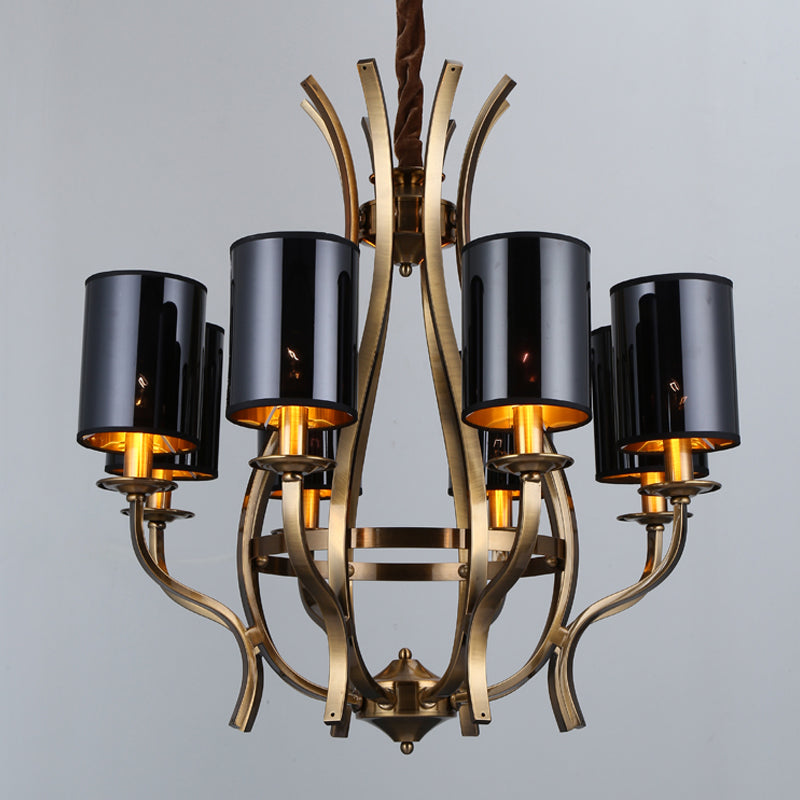 6/8 Lights Cylinder Chandelier Farmhouse Black Fabric Hanging Ceiling Lamp with Iron Vase Design Clearhalo 'Ceiling Lights' 'Chandeliers' Lighting' options 1934069