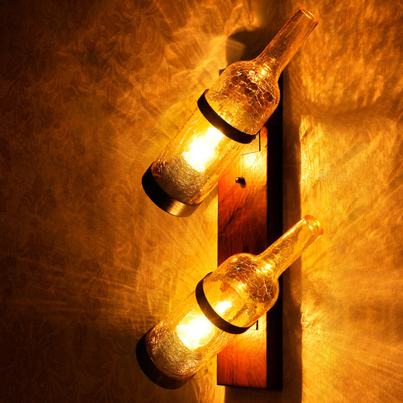 Bottle Bedroom Wall Mount Light Fixture Warehouse Frosted White/Yellow Crackle Glass 1/2-Bulb Wood Wall Lamp 2.0 Yellow Clearhalo 'Wall Lamps & Sconces' 'Wall Lights' Lighting' 1934189