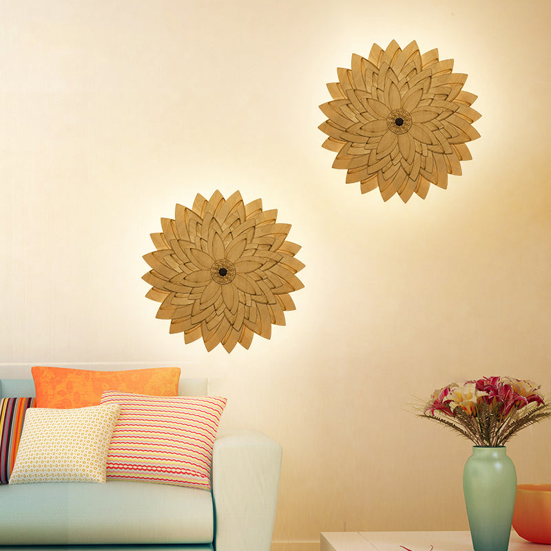 Cute Beige LED Wall Light Flower Pattern Wooden Sconce Lamp for Kid Bedroom Hallway Wood A Clearhalo 'Wall Lamps & Sconces' 'Wall Lights' Lighting' 193425