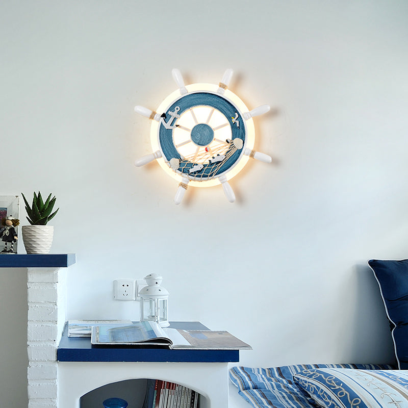 Rudder Resin Wall Lighting Ideas Coastal LED White/Blue Wall Mount Lamp with Round Acrylic Shade in Warm/White Light Blue Clearhalo 'Wall Lamps & Sconces' 'Wall Lights' Lighting' 1934266