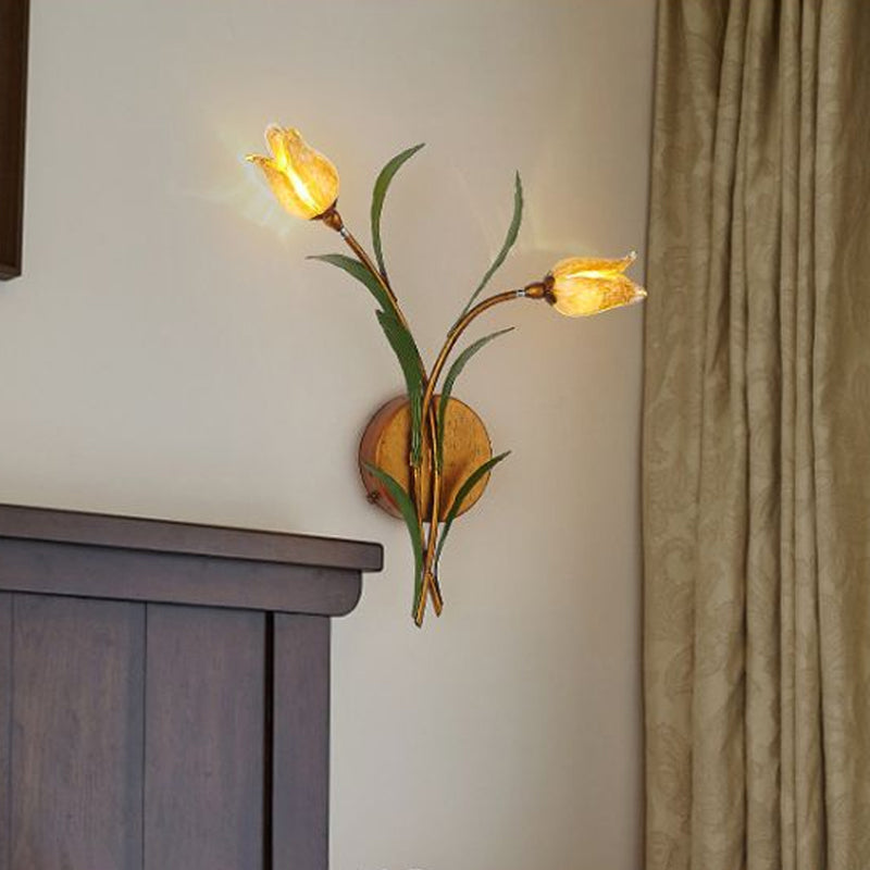 Tulip Nosegay Bedroom Sconce Light Vintage Beige Glass 2/3/5 Heads Antique Brass Wall Mounted Night Light 2.0 Beige Clearhalo 'Wall Lamps & Sconces' 'Wall Lights' Lighting' 1934274