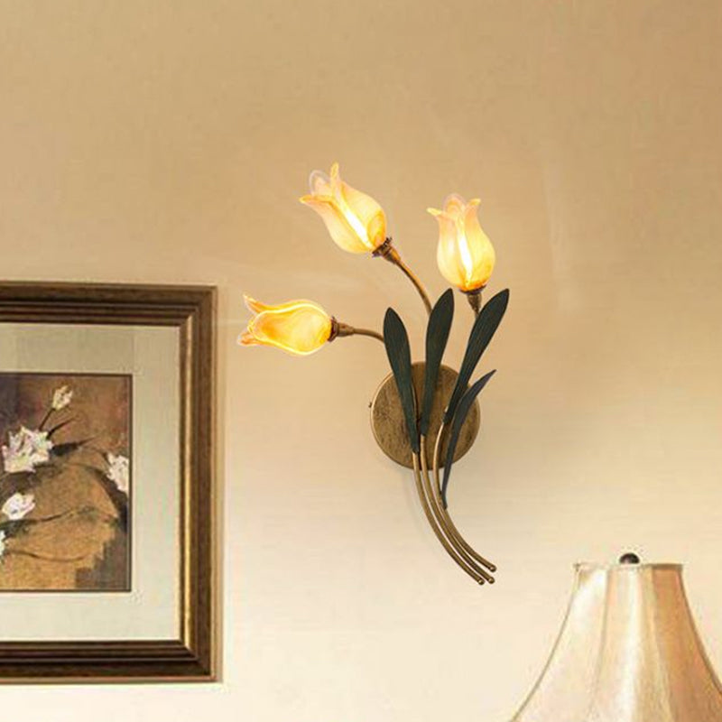 Tulip Nosegay Bedroom Sconce Light Vintage Beige Glass 2/3/5 Heads Antique Brass Wall Mounted Night Light 3.0 Beige Clearhalo 'Wall Lamps & Sconces' 'Wall Lights' Lighting' 1934277