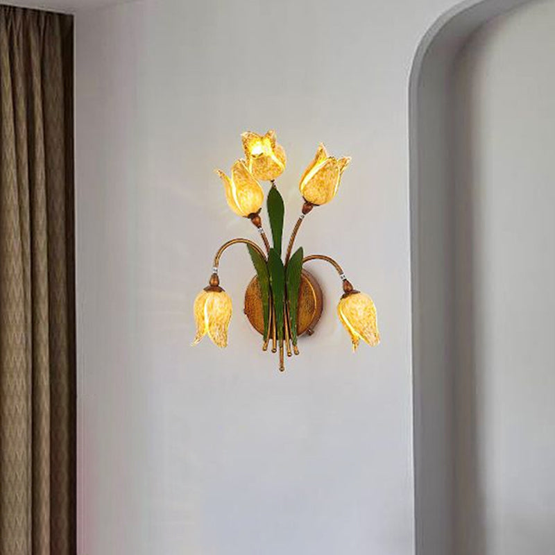 Tulip Nosegay Bedroom Sconce Light Vintage Beige Glass 2/3/5 Heads Antique Brass Wall Mounted Night Light 5.0 Beige Clearhalo 'Wall Lamps & Sconces' 'Wall Lights' Lighting' 1934282