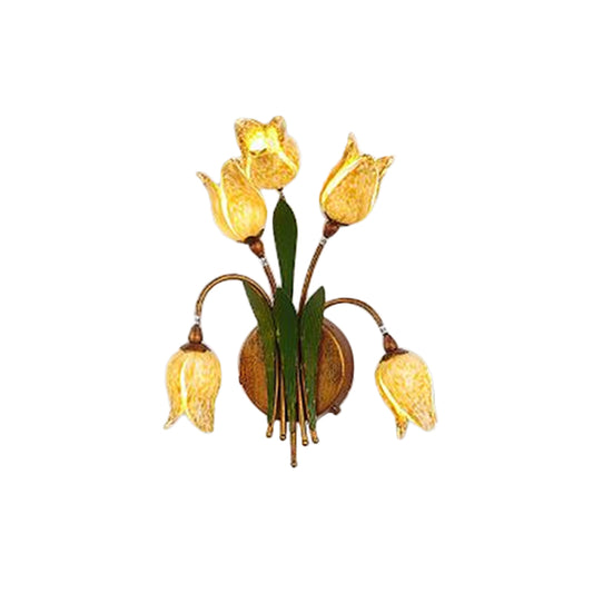 Tulip Nosegay Bedroom Sconce Light Vintage Beige Glass 2/3/5 Heads Antique Brass Wall Mounted Night Light Clearhalo 'Wall Lamps & Sconces' 'Wall Lights' Lighting' 1934284