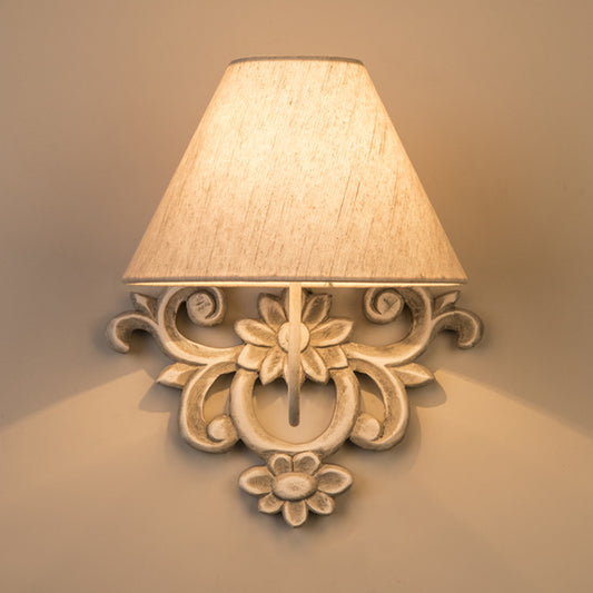 Tapered Fabric Wall Sconce Light Countryside 1 Light Corridor Wall Lighting in White with Wood Carved Backplate Clearhalo 'Wall Lamps & Sconces' 'Wall Lights' Lighting' 1934298