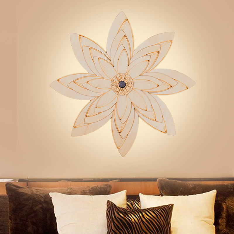 Cute Beige LED Wall Light Flower Pattern Wooden Sconce Lamp for Kid Bedroom Hallway Wood B Clearhalo 'Wall Lamps & Sconces' 'Wall Lights' Lighting' 193430