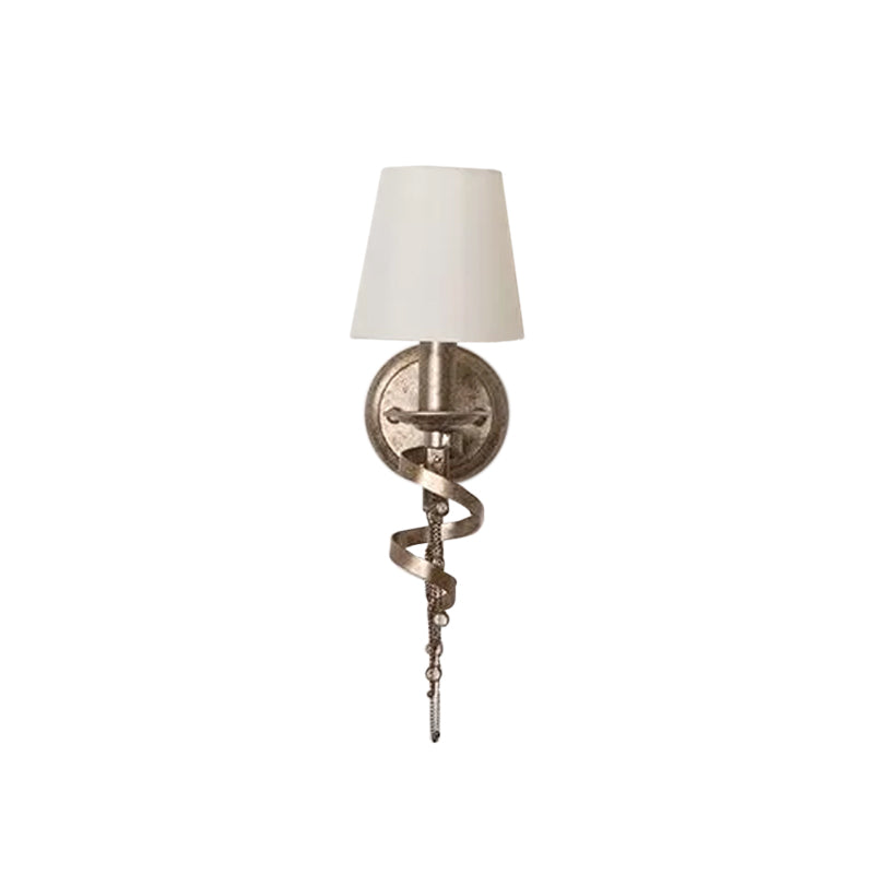 1 Bulb Wall Light Sconce Farmhouse Barrel Fabric Wall Lamp in White with Spiral Design and Crystal Chain Deco Clearhalo 'Wall Lamps & Sconces' 'Wall Lights' Lighting' 1934301