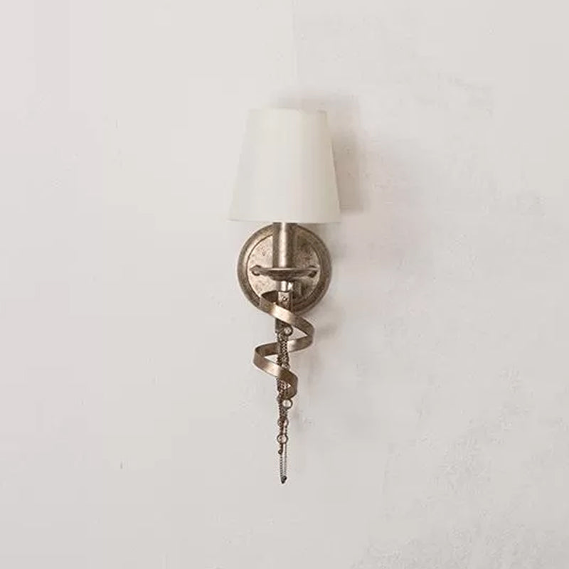 1 Bulb Wall Light Sconce Farmhouse Barrel Fabric Wall Lamp in White with Spiral Design and Crystal Chain Deco Clearhalo 'Wall Lamps & Sconces' 'Wall Lights' Lighting' 1934304