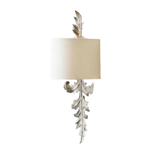 White Semi-Drum Flush Wall Sconce Vintage Fabric 1 Light Corridor Wall Mount Lamp Fixture with Leaf Deco Clearhalo 'Wall Lamps & Sconces' 'Wall Lights' Lighting' 1934333