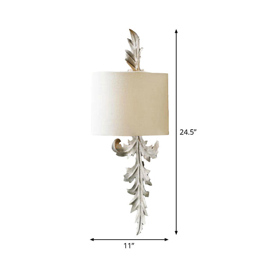 White Semi-Drum Flush Wall Sconce Vintage Fabric 1 Light Corridor Wall Mount Lamp Fixture with Leaf Deco Clearhalo 'Wall Lamps & Sconces' 'Wall Lights' Lighting' 1934334