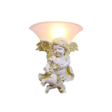 White/Gold Angel Sconce Wall Colonial 1 Head Resin Mounted Lighting with Bell Opal Glass Shade, Boy/Girl Clearhalo 'Wall Lamps & Sconces' 'Wall Lights' Lighting' 1934347