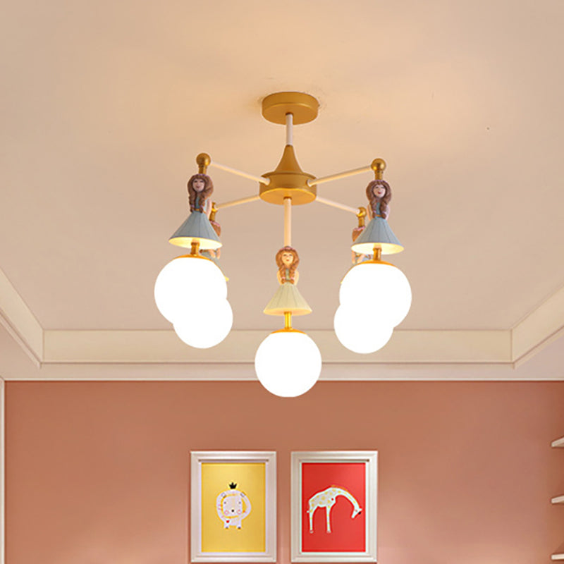 Child Bedroom Little Girls Chandelier with Globe Shade Wood 5 Lights Kids Pendant Light Blue Clearhalo 'Ceiling Lights' 'Chandeliers' Lighting' options 193434_3b1bda33-7722-4271-b88f-1340289a249f