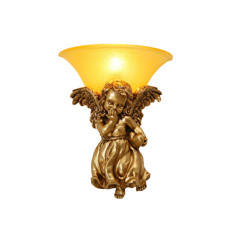 White/Gold Angel Sconce Wall Colonial 1 Head Resin Mounted Lighting with Bell Opal Glass Shade, Boy/Girl Gold Girl Clearhalo 'Wall Lamps & Sconces' 'Wall Lights' Lighting' 1934352