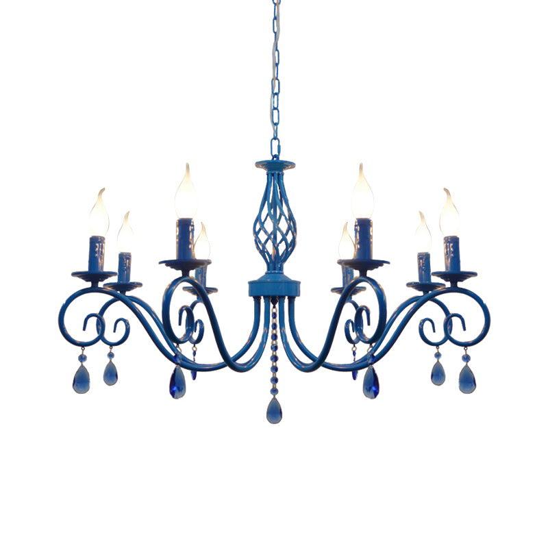 8 Bulbs Curly Arm Pendant Chandelier Vintage Black/White/Blue Metal Ceiling Suspension Lamp for Living Room Blue Clearhalo 'Ceiling Lights' 'Chandeliers' Lighting' options 1934357_9113ad84-adf7-4d96-9d97-1615ace9de8e