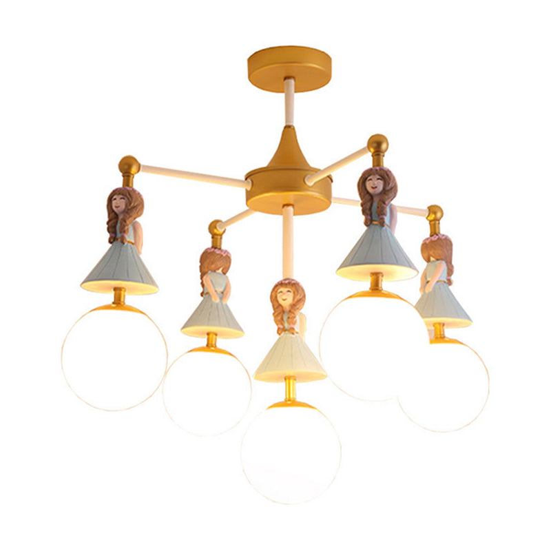 Child Bedroom Little Girls Chandelier with Globe Shade Wood 5 Lights Kids Pendant Light Clearhalo 'Ceiling Lights' 'Chandeliers' Lighting' options 193436
